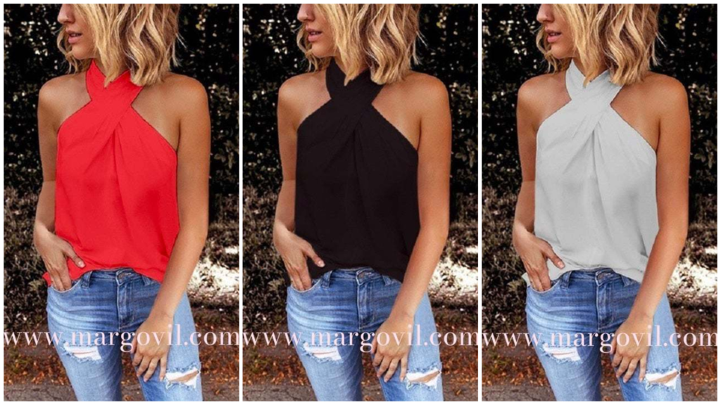 Margovil Criss Cross Halter Solid Sleeveless Top