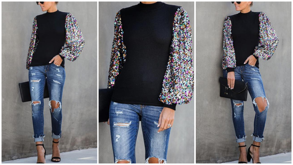 Margovil Sequin Lantern Sleeve Festive Blouse