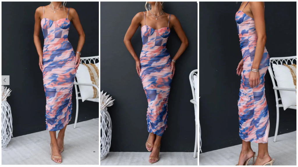 Spaghetti Strap Ruched Back Slit Printed Bodycon Midi Dress